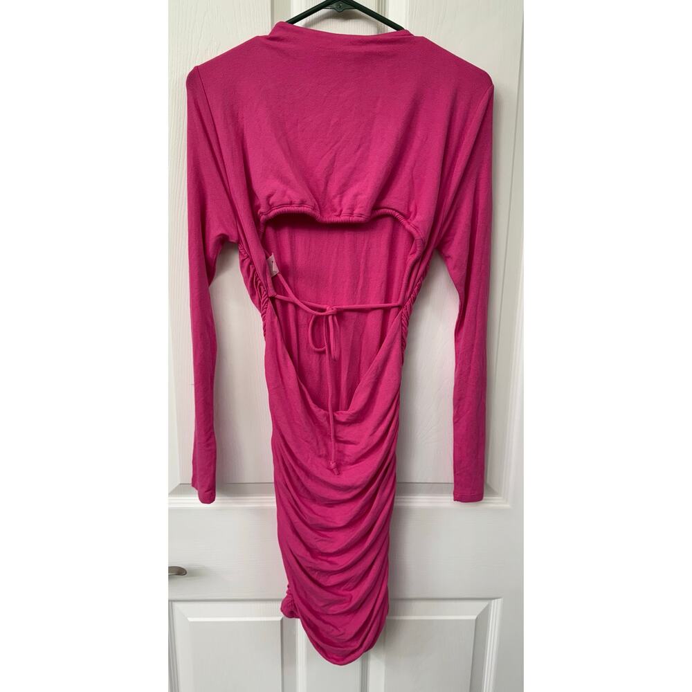 Naked Wardrobe Ruched Long Sleeve Cutout Minidress In Raspberry hot pink fuchsia - Picture 3 of 6